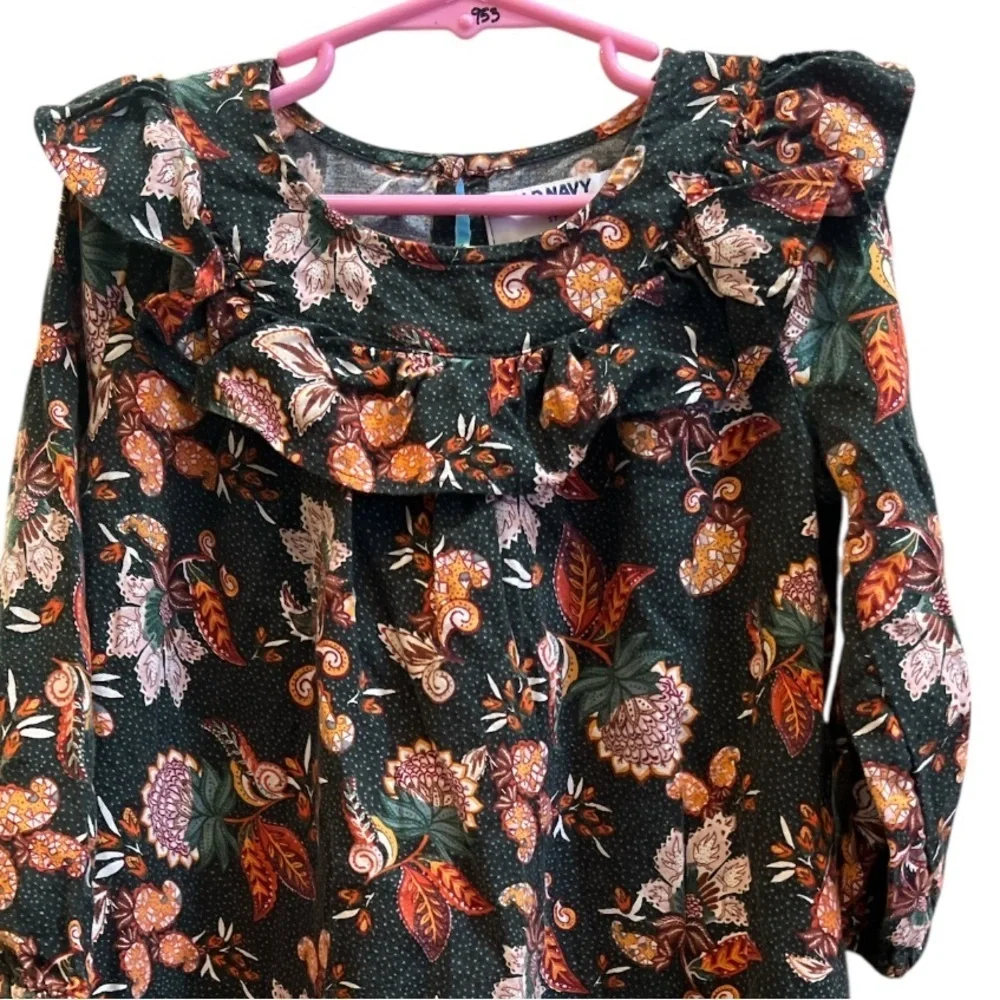 Old Navy ruffle trim Kids Dress with Floral Print in Dark Green